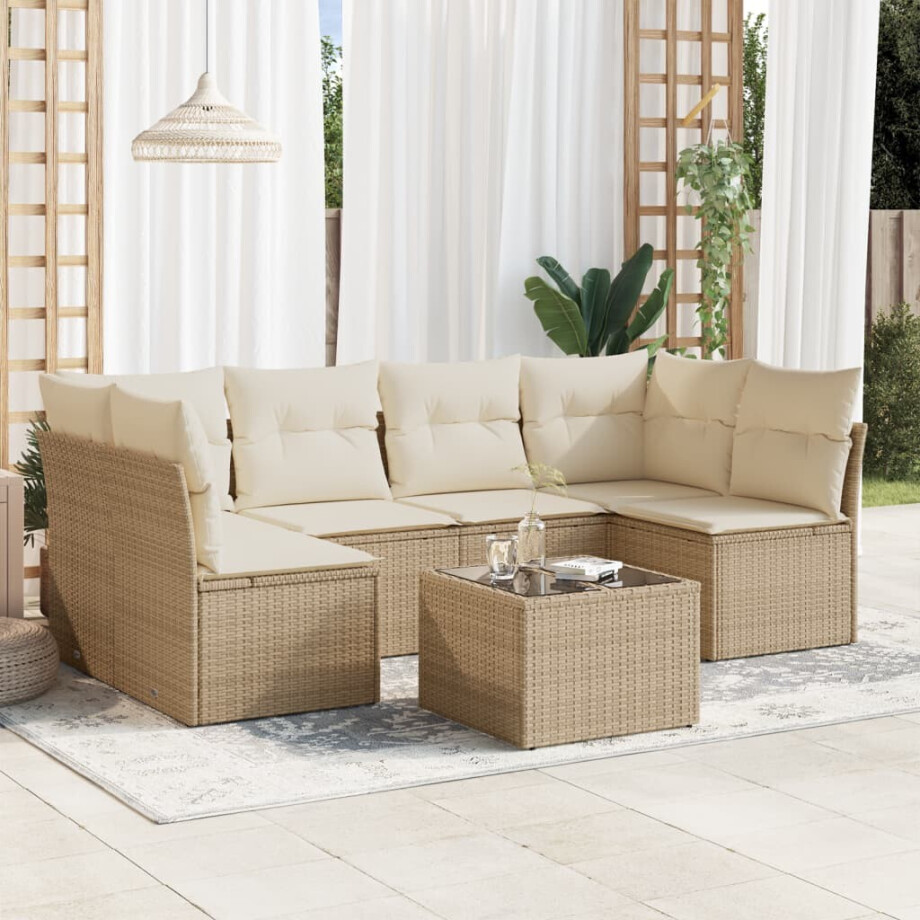 vidaXL 7-delige Loungeset met kussens poly rattan beige vidaXL 7-delige Loungeset met kussens poly rattan beige afbeelding 1