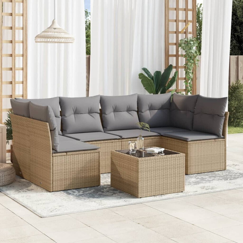 vidaXL 7-delige Loungeset met kussens poly rattan beige vidaXL 7-delige Loungeset met kussens poly rattan beige afbeelding 1