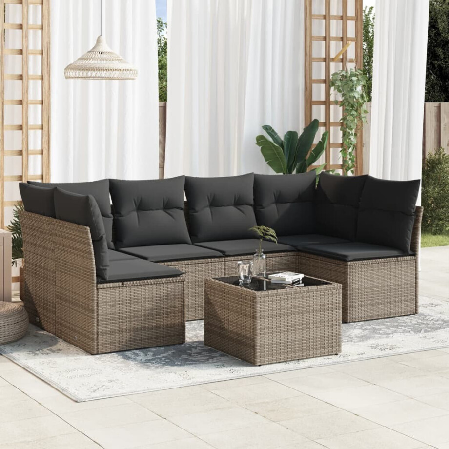 vidaXL 7-delige Loungeset met kussens poly rattan grijs vidaXL 7-delige Loungeset met kussens poly rattan grijs afbeelding 1