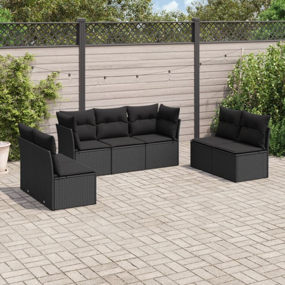 vidaXL 7-delige Loungeset met kussens poly rattan zwart vidaXL 7-delige Loungeset met kussens poly rattan zwart afbeelding 1