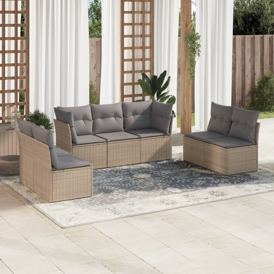 vidaXL 7-delige Loungeset met kussens poly rattan beige vidaXL 7-delige Loungeset met kussens poly rattan beige afbeelding 1