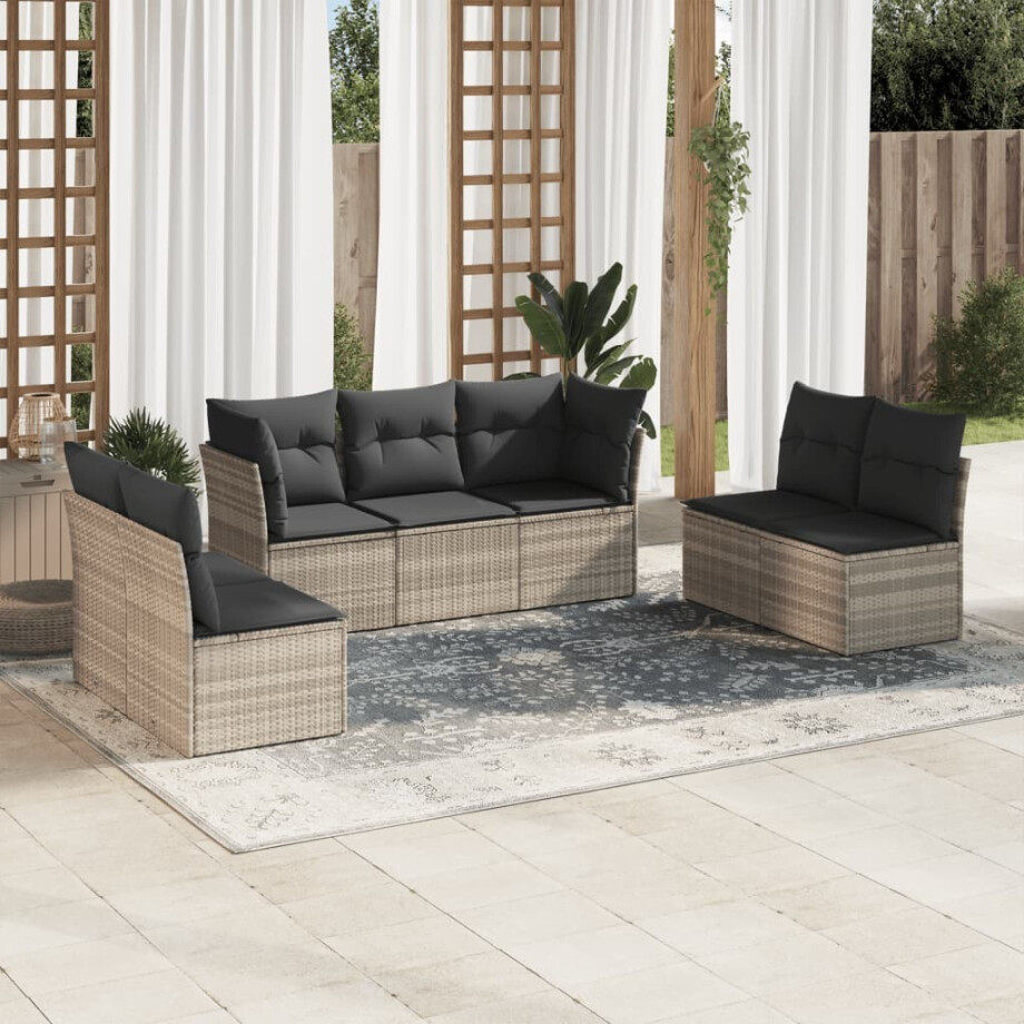 vidaXL 7-delige Loungeset met kussens poly rattan lichtgrijs vidaXL 7-delige Loungeset met kussens poly rattan lichtgrijs afbeelding 1