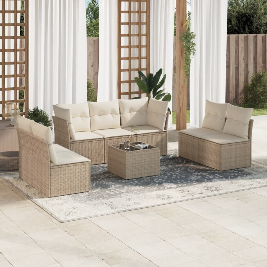 vidaXL 8-delige Loungeset met kussens poly rattan beige afbeelding 1