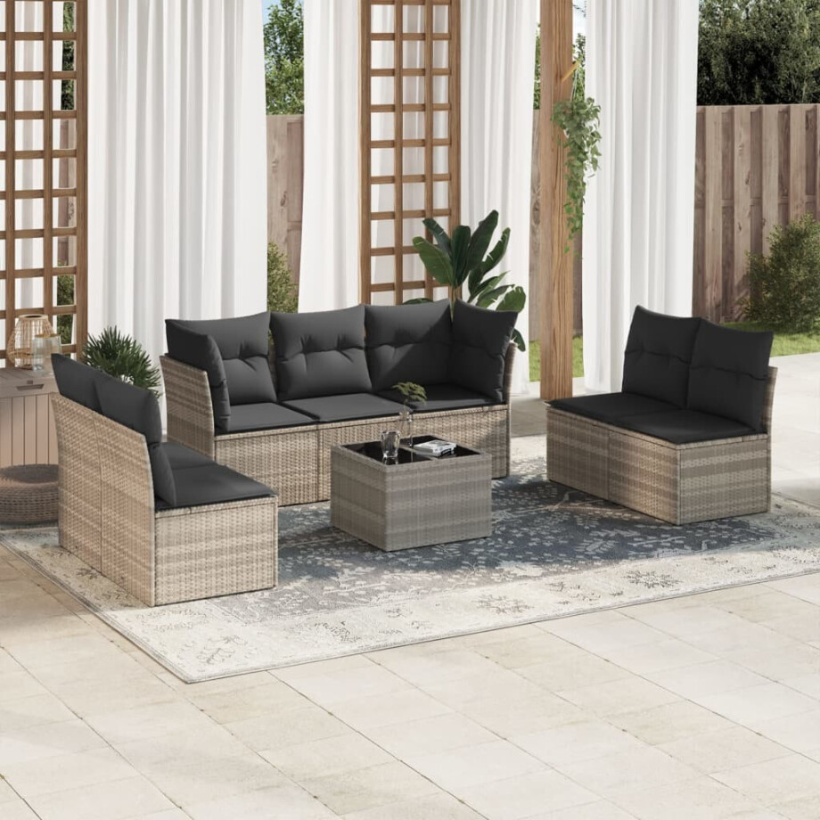 vidaXL 8-delige Loungeset met kussens poly rattan lichtgrijs vidaXL 8-delige Loungeset met kussens poly rattan lichtgrijs afbeelding 1