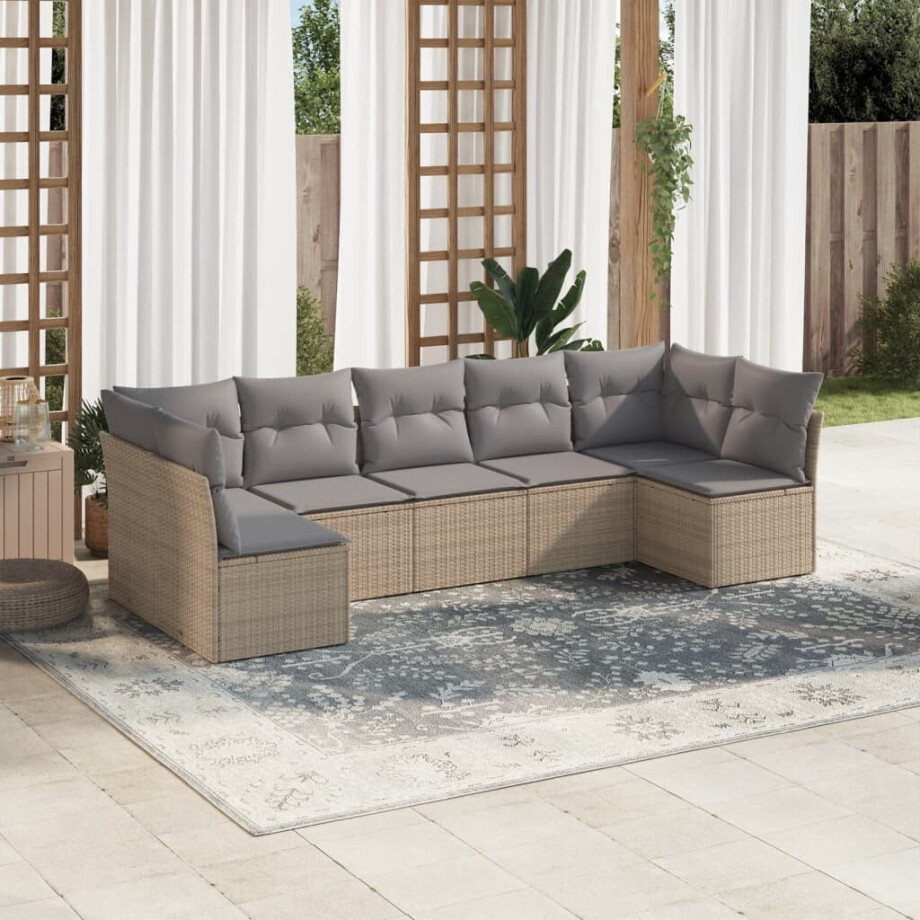 vidaXL 7-delige Loungeset met kussens poly rattan beige afbeelding 1