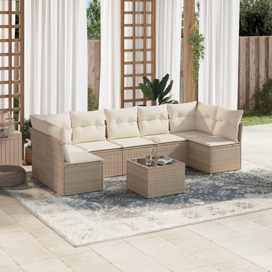 vidaXL 8-delige Loungeset met kussens poly rattan beige vidaXL 8-delige Loungeset met kussens poly rattan beige afbeelding 1