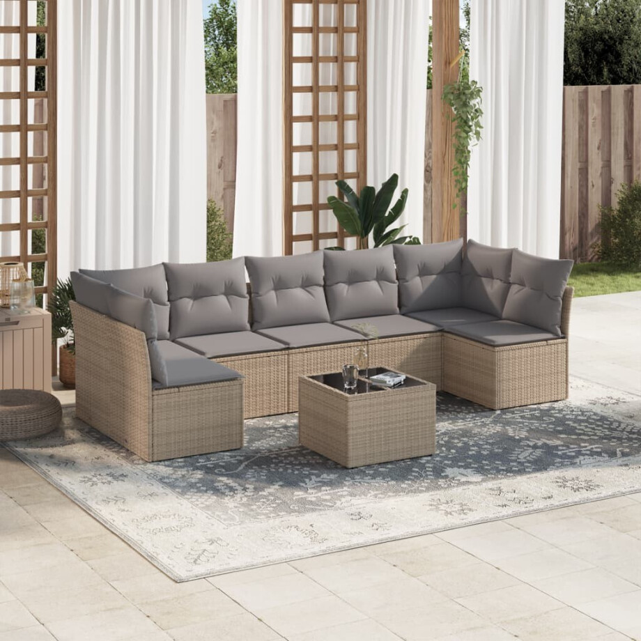 vidaXL 8-delige Loungeset met kussens poly rattan beige afbeelding 1