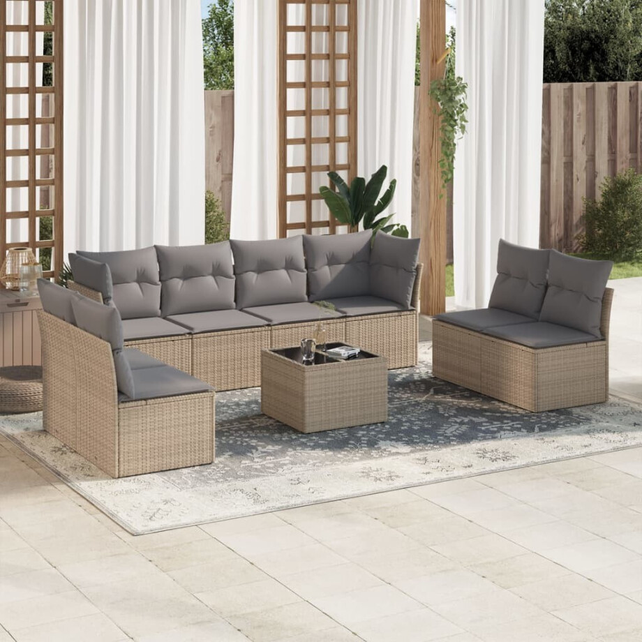 vidaXL 9-delige Loungeset met kussens poly rattan beige afbeelding 1