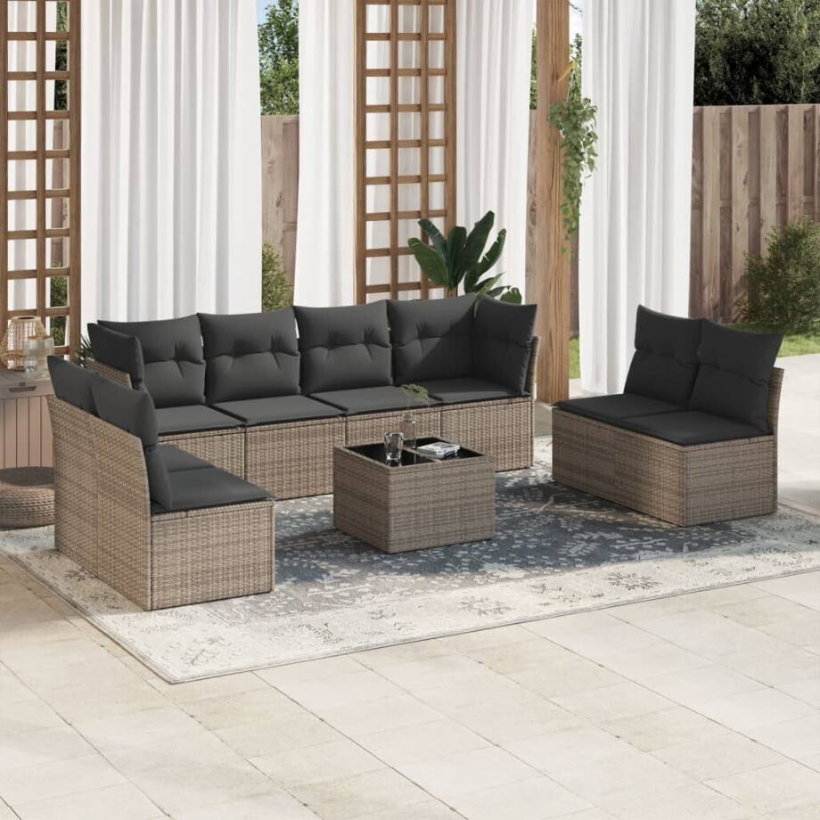 vidaXL 9-delige Loungeset met kussens poly rattan grijs afbeelding 1