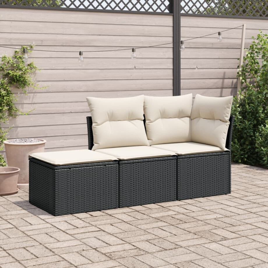 vidaXL 3-delige Loungeset met kussens poly rattan zwart afbeelding 1