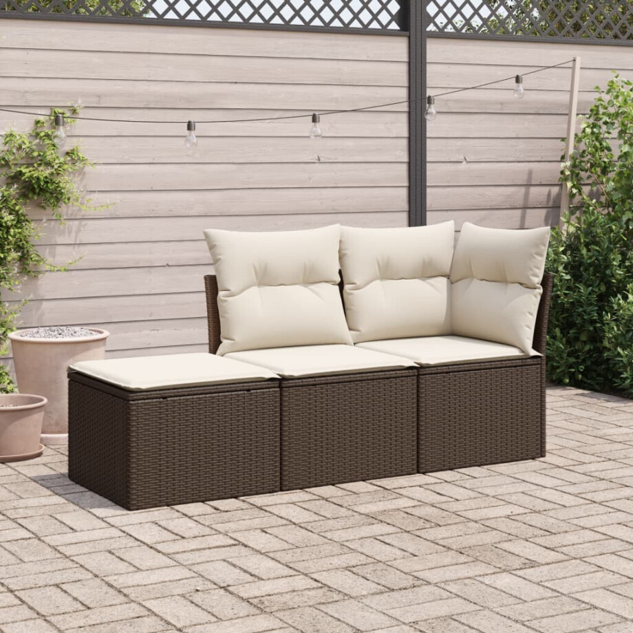 vidaXL 3-delige Loungeset met kussens poly rattan bruin afbeelding 1