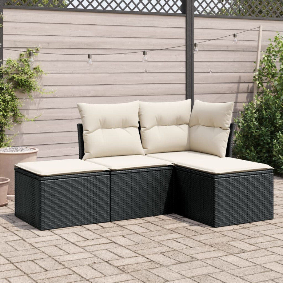 vidaXL 4-delige Loungeset met kussens poly rattan zwart afbeelding 1