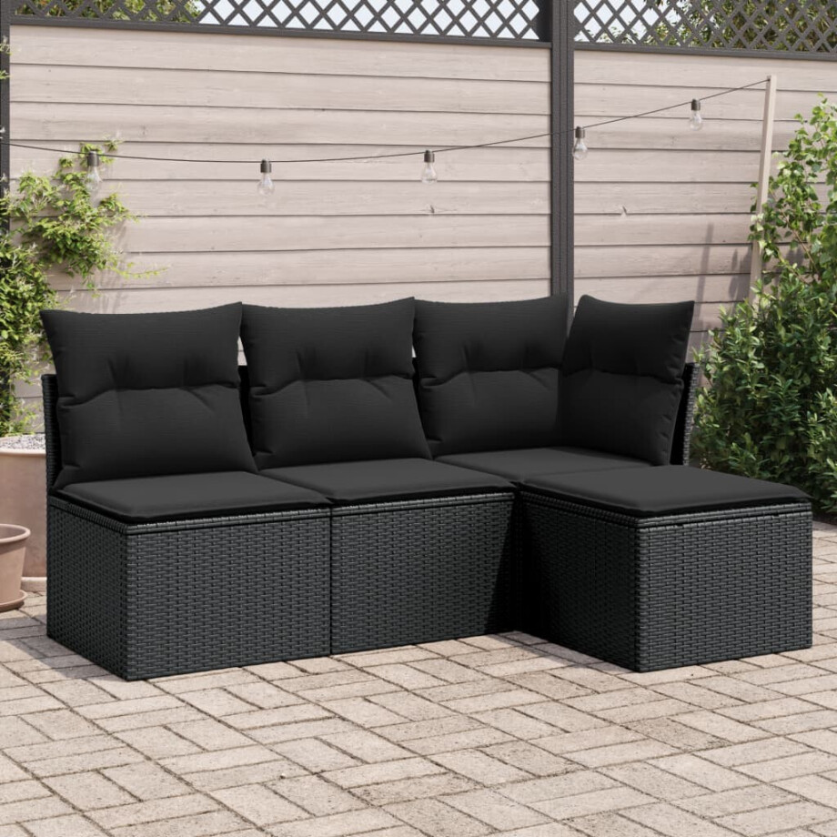 vidaXL 4-delige Loungeset met kussens poly rattan zwart afbeelding 1