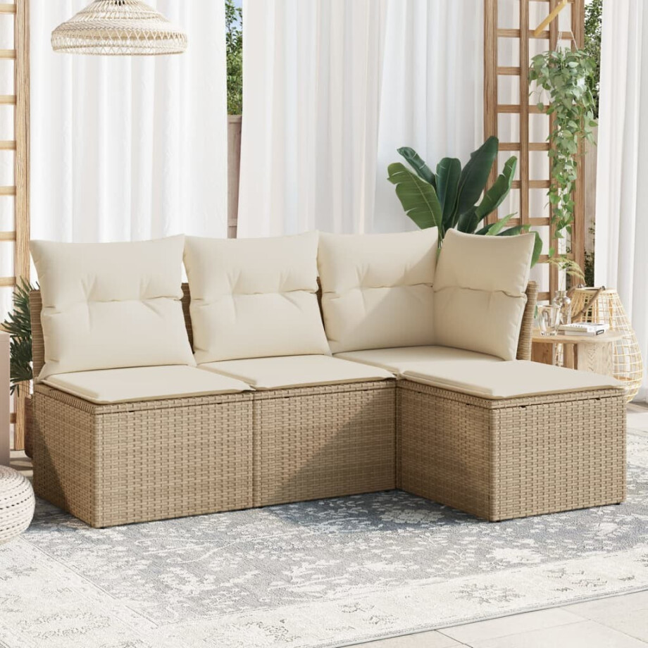vidaXL 4-delige Loungeset met kussens poly rattan beige afbeelding 1