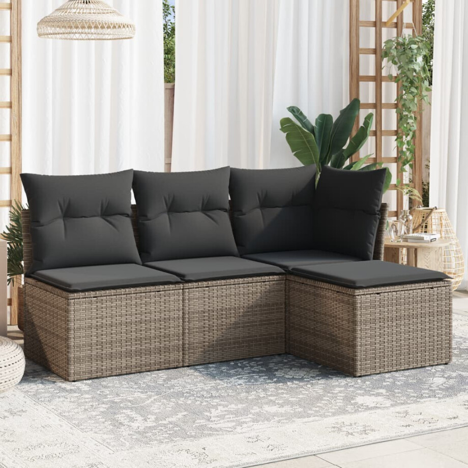 vidaXL 4-delige Loungeset met kussens poly rattan grijs afbeelding 1