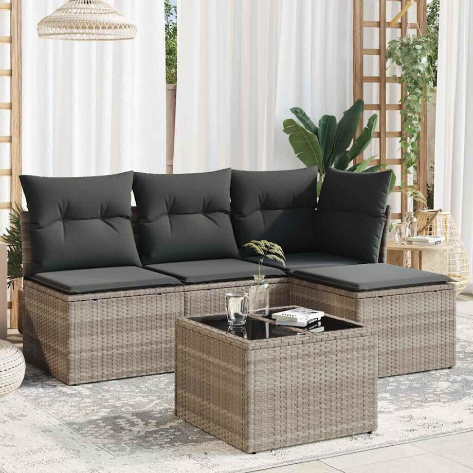 vidaXL 5-delige Loungeset met kussens poly rattan lichtgrijs vidaXL 5-delige Loungeset met kussens poly rattan lichtgrijs afbeelding 1