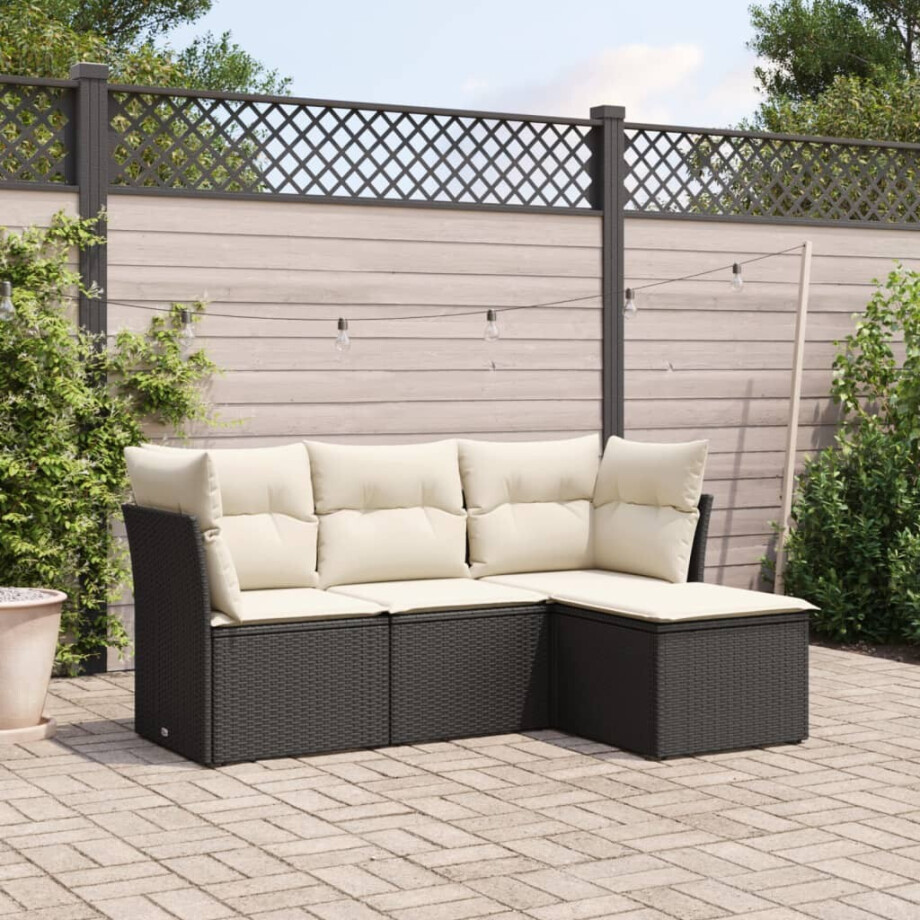 vidaXL 4-delige Loungeset met kussens poly rattan zwart vidaXL 4-delige Loungeset met kussens poly rattan zwart afbeelding 1