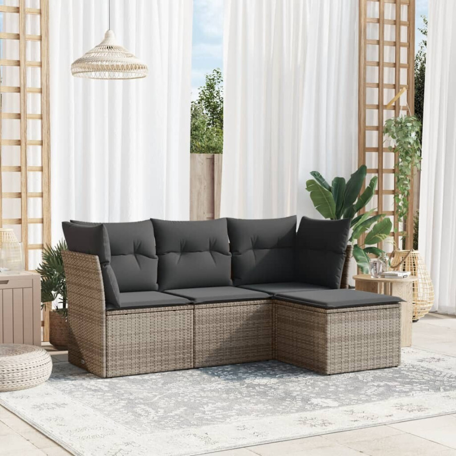 vidaXL 4-delige Loungeset met kussens poly rattan grijs vidaXL 4-delige Loungeset met kussens poly rattan grijs afbeelding 1