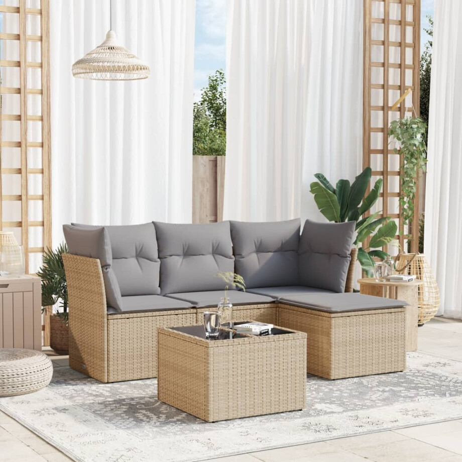 vidaXL 5-delige Loungeset met kussens poly rattan beige vidaXL 5-delige Loungeset met kussens poly rattan beige afbeelding 1