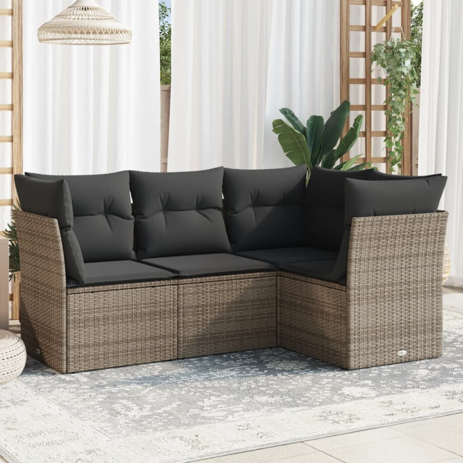 vidaXL 4-delige Loungeset met kussens poly rattan grijs afbeelding 1