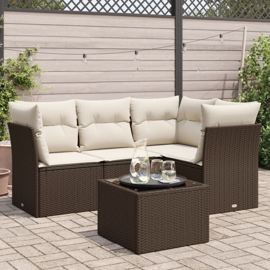 vidaXL 5-delige Loungeset met kussens poly rattan bruin afbeelding 1