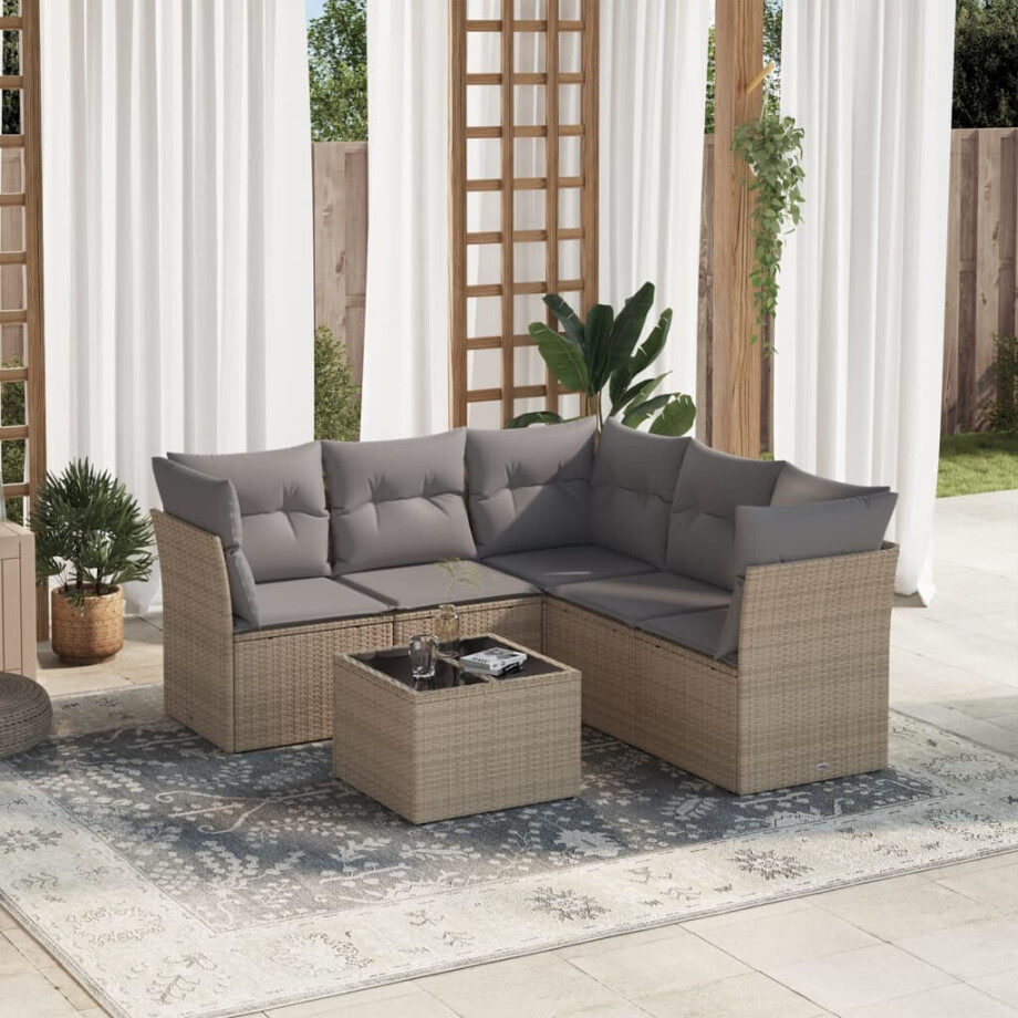 vidaXL 6-delige Loungeset met kussens poly rattan beige afbeelding 1