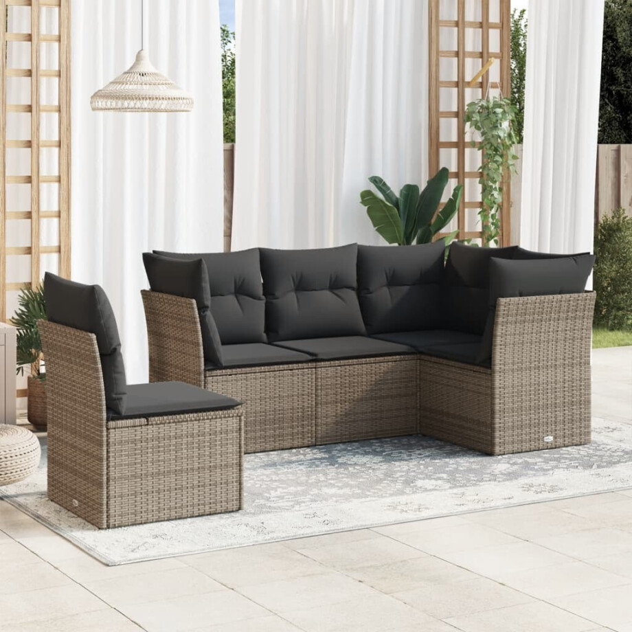 vidaXL 5-delige Loungeset met kussens poly rattan grijs vidaXL 5-delige Loungeset met kussens poly rattan grijs afbeelding 1