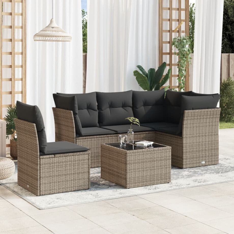 vidaXL 6-delige Loungeset met kussens poly rattan grijs vidaXL 6-delige Loungeset met kussens poly rattan grijs afbeelding 1