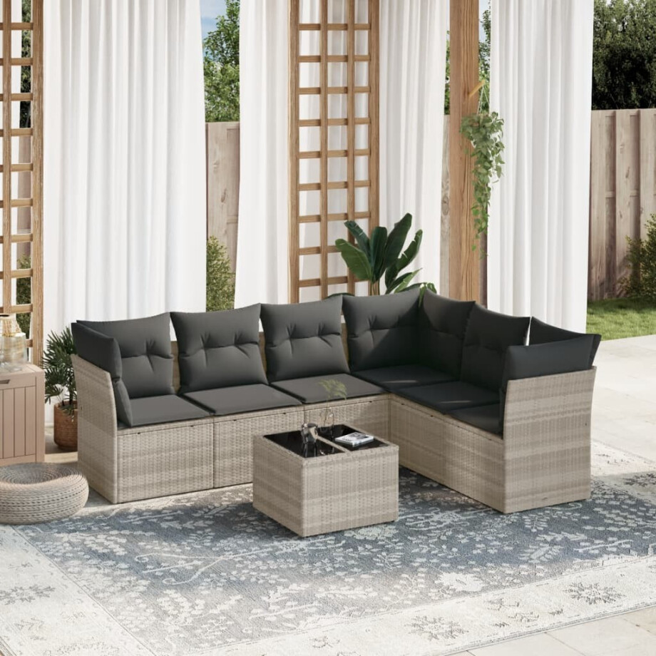 vidaXL 7-delige Loungeset met kussens poly rattan lichtgrijs vidaXL 7-delige Loungeset met kussens poly rattan lichtgrijs afbeelding 1