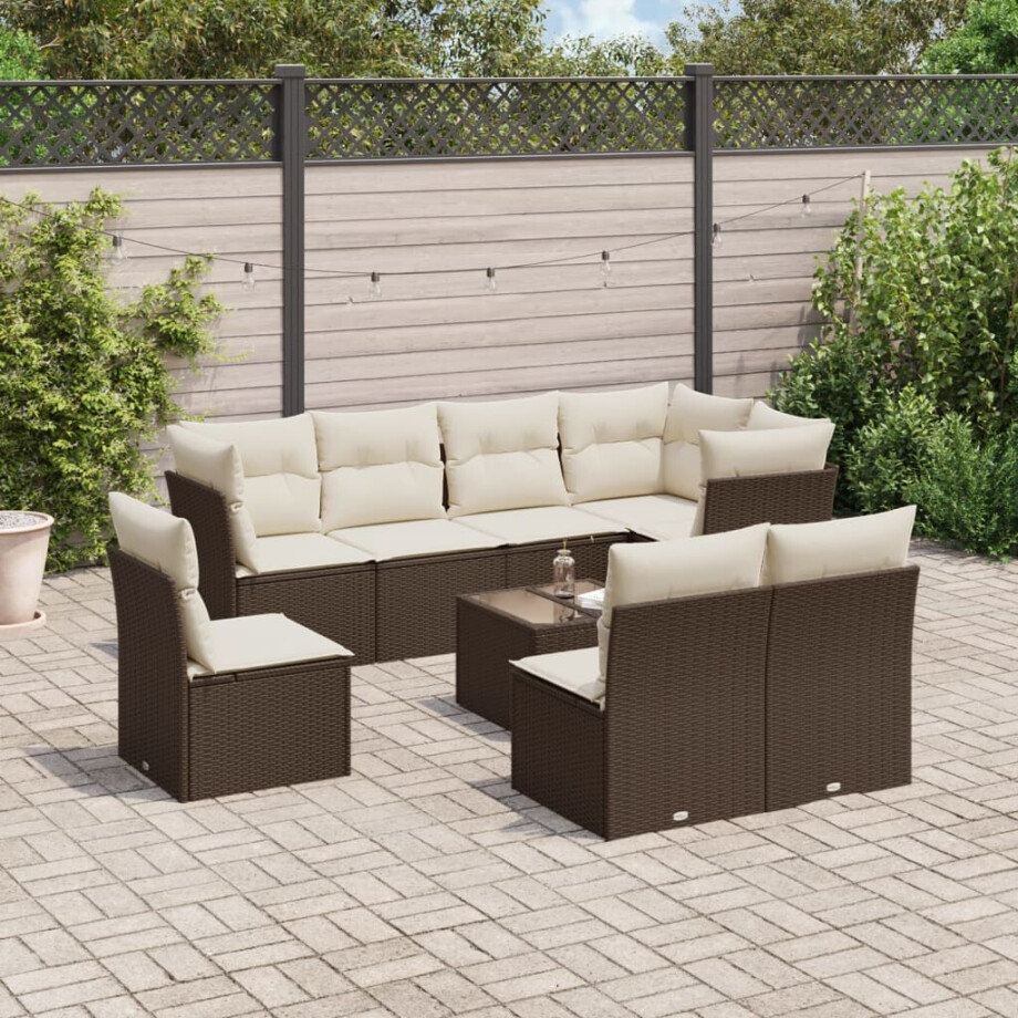 vidaXL 9-delige Loungeset met kussens poly rattan bruin vidaXL 9-delige Loungeset met kussens poly rattan bruin afbeelding 1