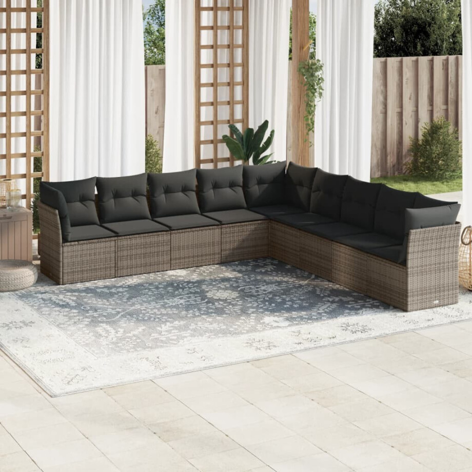 vidaXL 9-delige Loungeset met kussens poly rattan grijs afbeelding 1