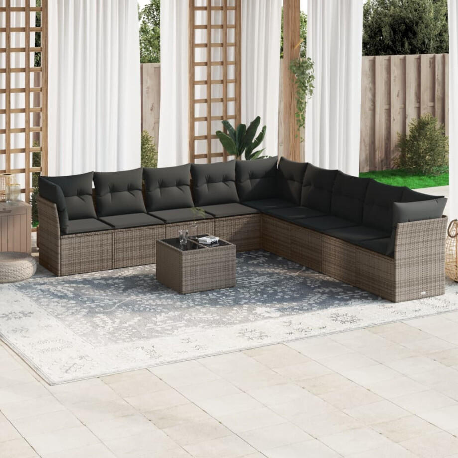 vidaXL 10-delige Loungeset met kussens poly rattan grijs vidaXL 10-delige Loungeset met kussens poly rattan grijs afbeelding 1