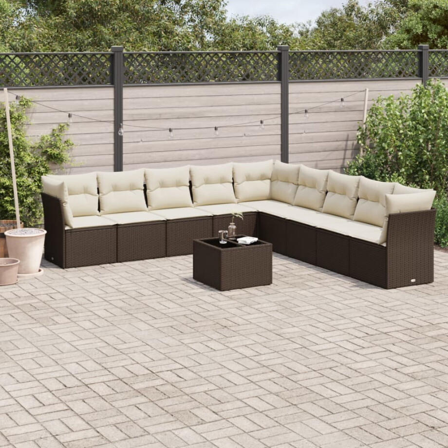 vidaXL 10-delige Loungeset met kussens poly rattan bruin afbeelding 1