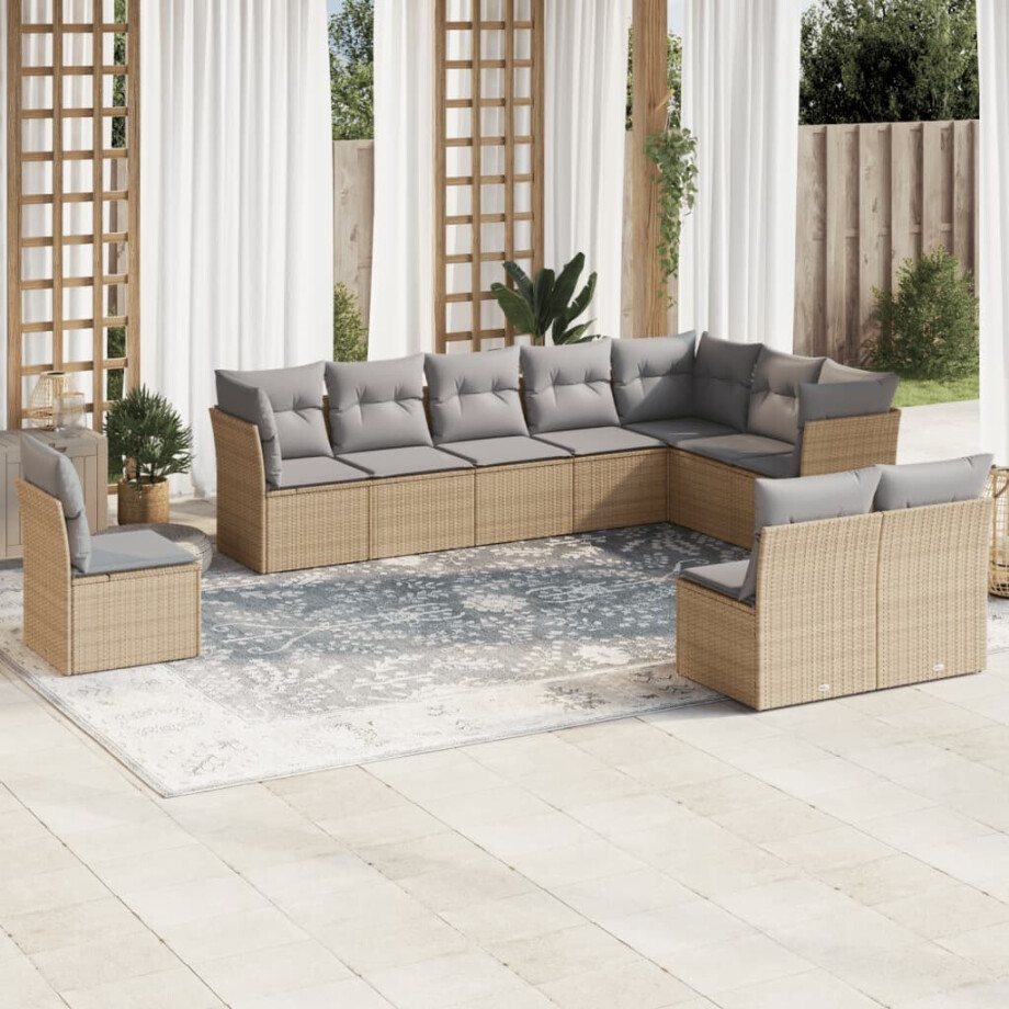 vidaXL 10-delige Loungeset met kussens poly rattan beige afbeelding 1