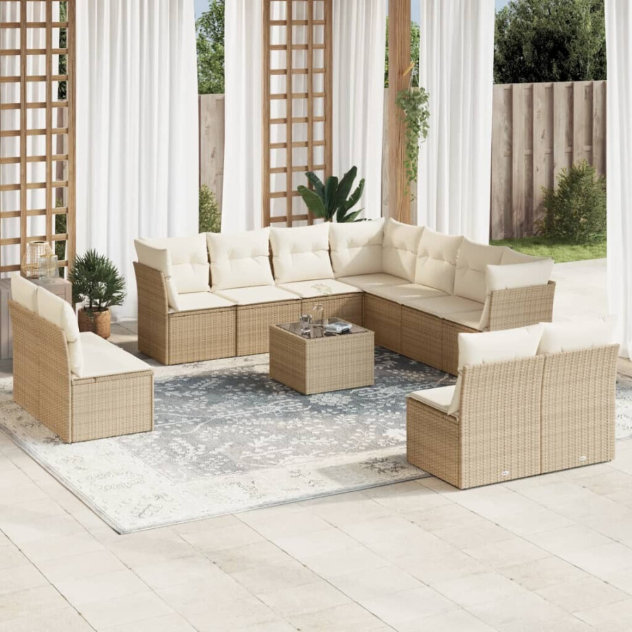 vidaXL 12-delige Loungeset met kussens poly rattan beige vidaXL 12-delige Loungeset met kussens poly rattan beige afbeelding 1