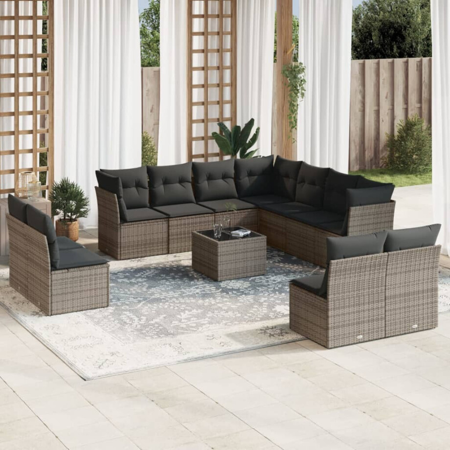 vidaXL 12-delige Loungeset met kussens poly rattan grijs afbeelding 1