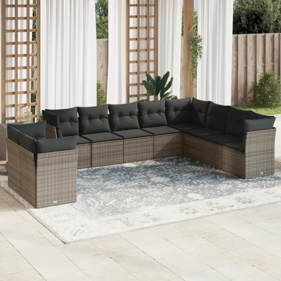 vidaXL 10-delige Loungeset met kussens poly rattan grijs vidaXL 10-delige Loungeset met kussens poly rattan grijs afbeelding 1