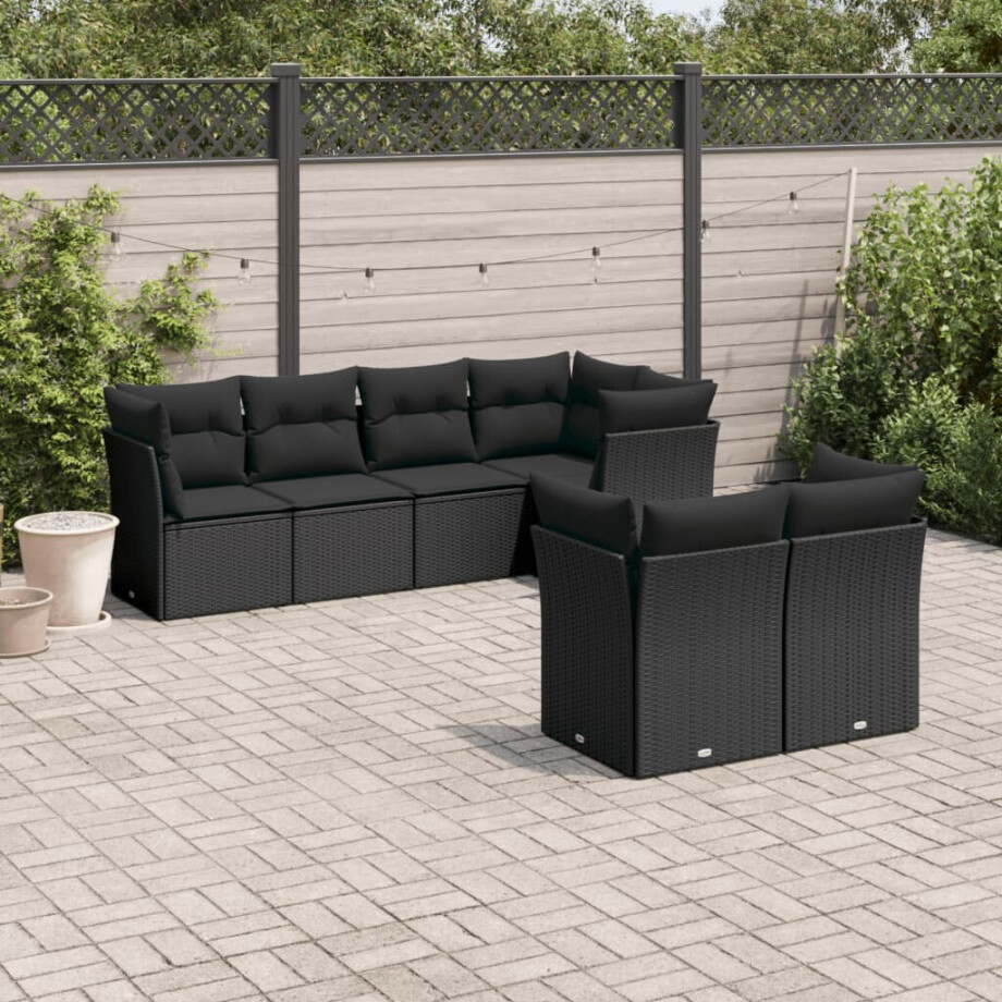 vidaXL 7-delige Loungeset met kussens poly rattan zwart vidaXL 7-delige Loungeset met kussens poly rattan zwart afbeelding 1