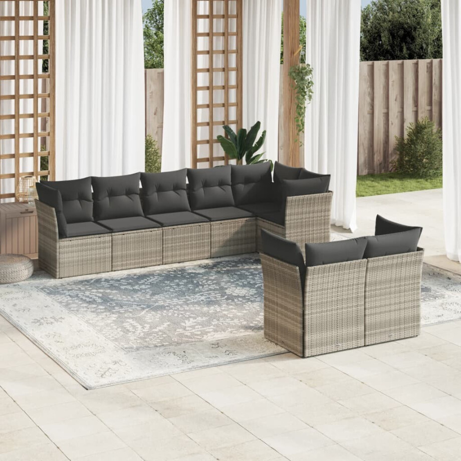 vidaXL 8-delige Loungeset met kussens poly rattan lichtgrijs vidaXL 8-delige Loungeset met kussens poly rattan lichtgrijs afbeelding 1