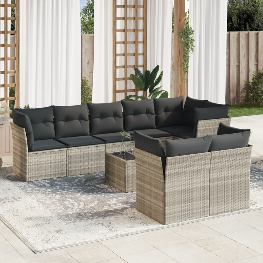 vidaXL 9-delige Loungeset met kussens poly rattan lichtgrijs afbeelding 1
