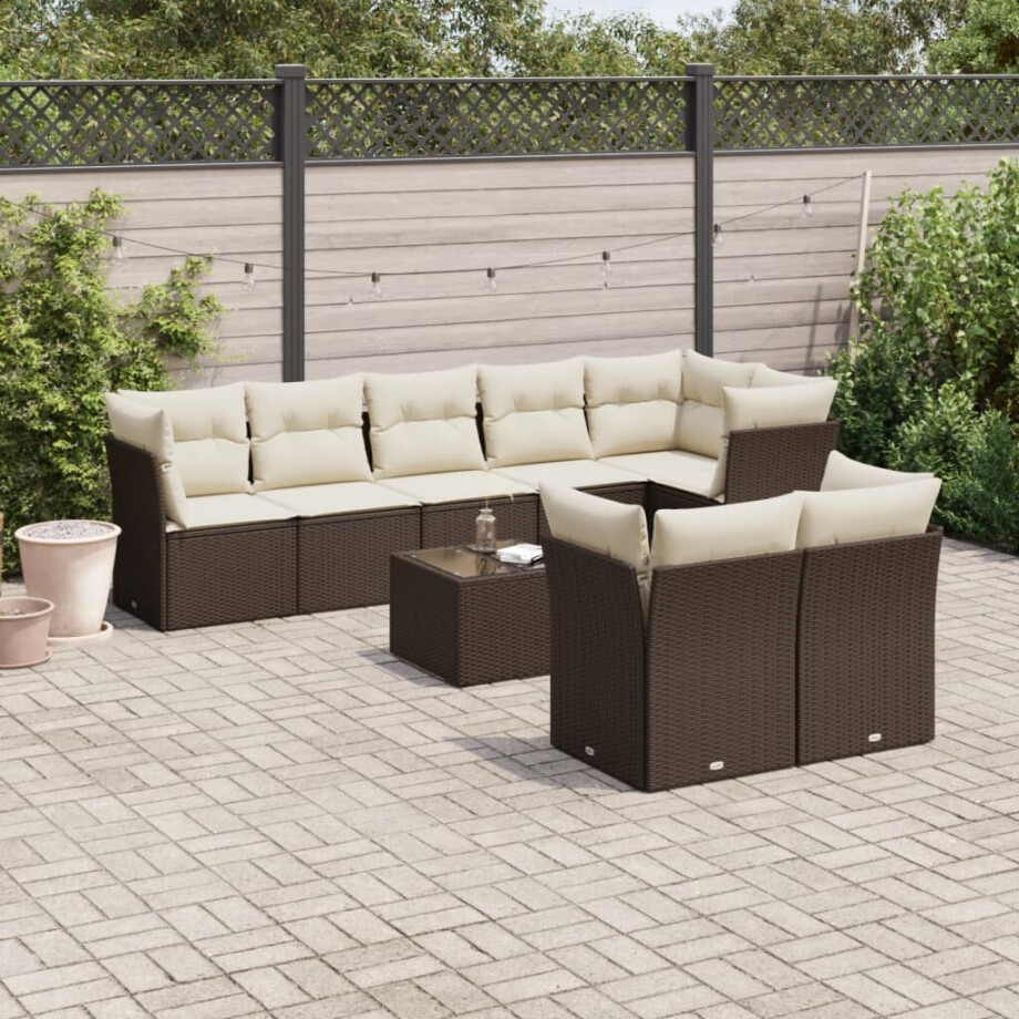 vidaXL 9-delige Loungeset met kussens poly rattan bruin vidaXL 9-delige Loungeset met kussens poly rattan bruin afbeelding 1