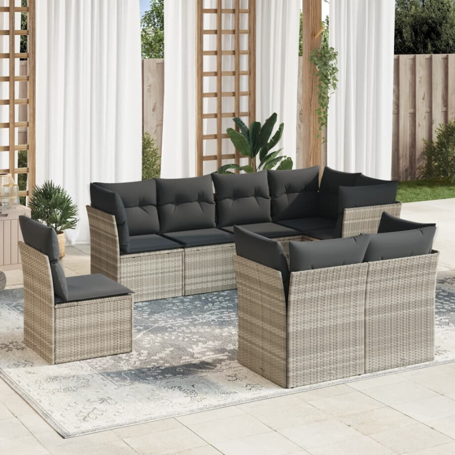 vidaXL 8-delige Loungeset met kussens poly rattan lichtgrijs vidaXL 8-delige Loungeset met kussens poly rattan lichtgrijs afbeelding 1