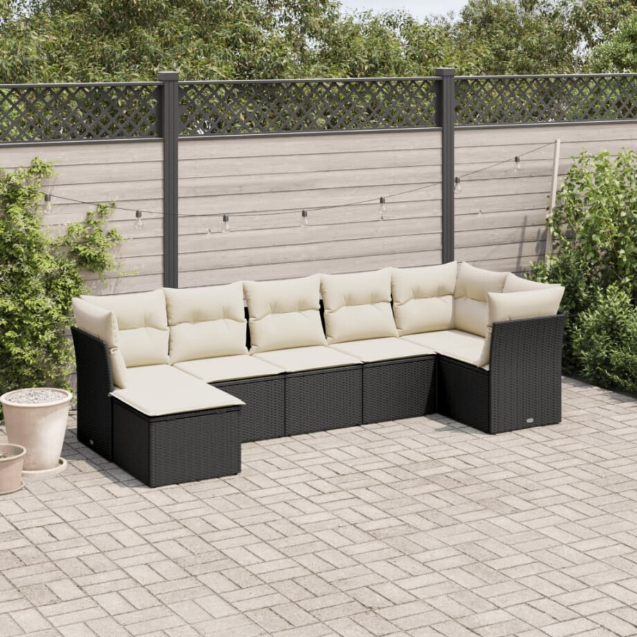 vidaXL 7-delige Loungeset met kussens poly rattan zwart vidaXL 7-delige Loungeset met kussens poly rattan zwart afbeelding 1