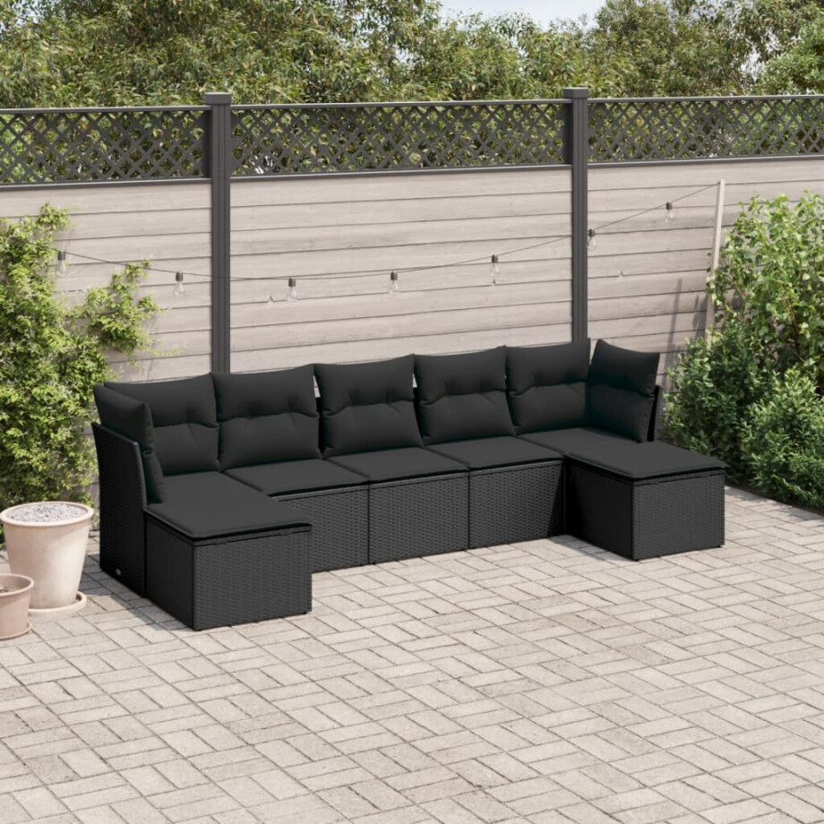 vidaXL 7-delige Loungeset met kussens poly rattan zwart afbeelding 1