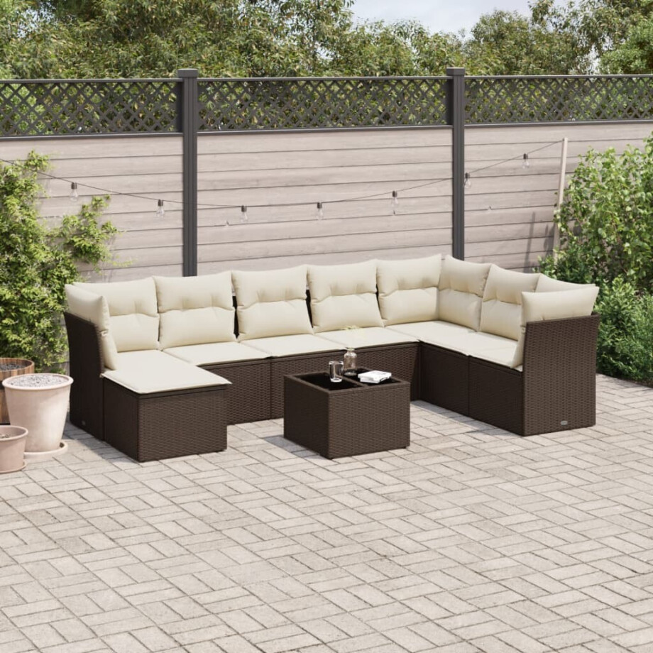 vidaXL 9-delige Loungeset met kussens poly rattan bruin afbeelding 1