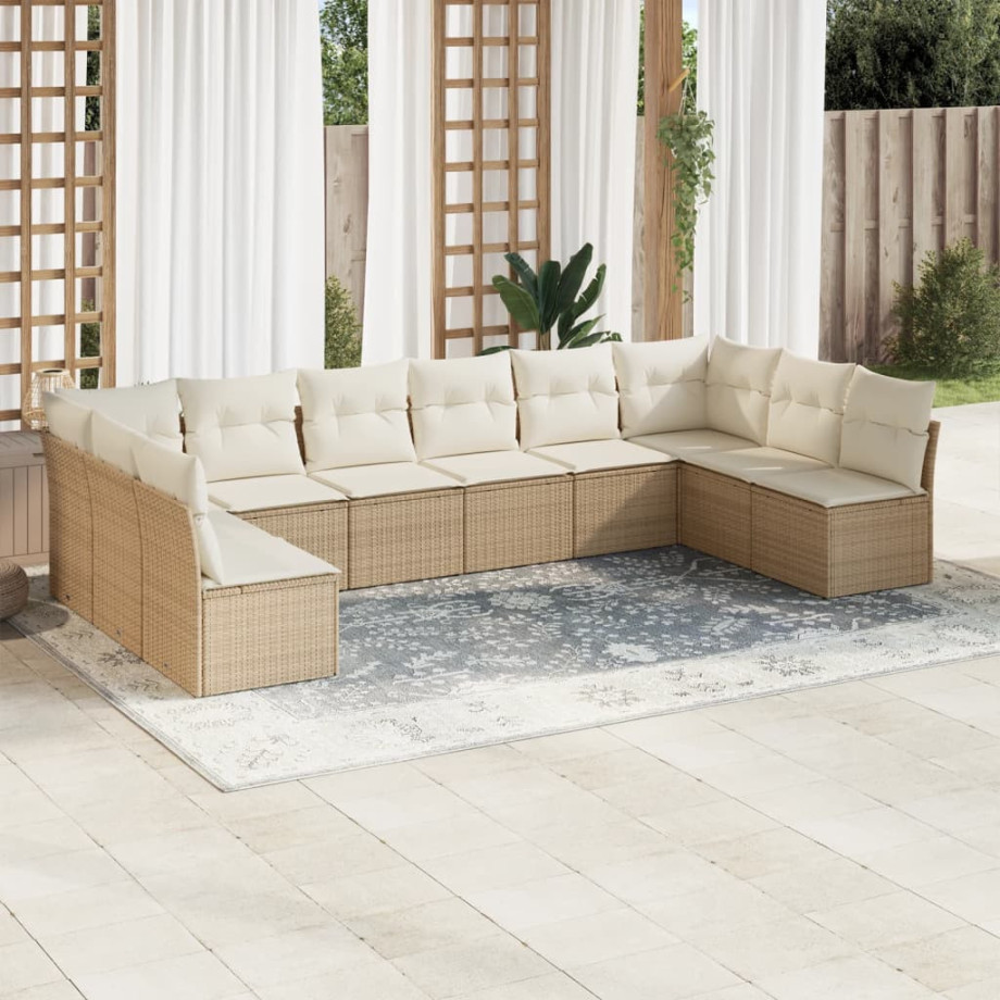 vidaXL 10-delige Loungeset met kussens poly rattan beige afbeelding 1