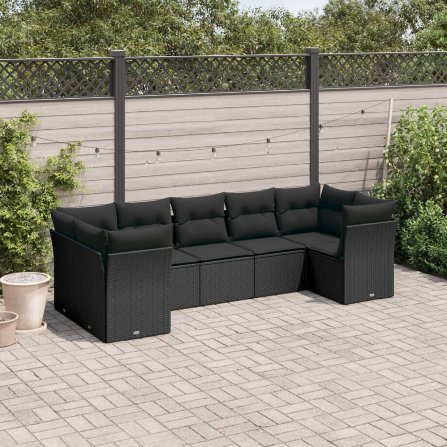 vidaXL 7-delige Loungeset met kussens poly rattan zwart vidaXL 7-delige Loungeset met kussens poly rattan zwart afbeelding 1