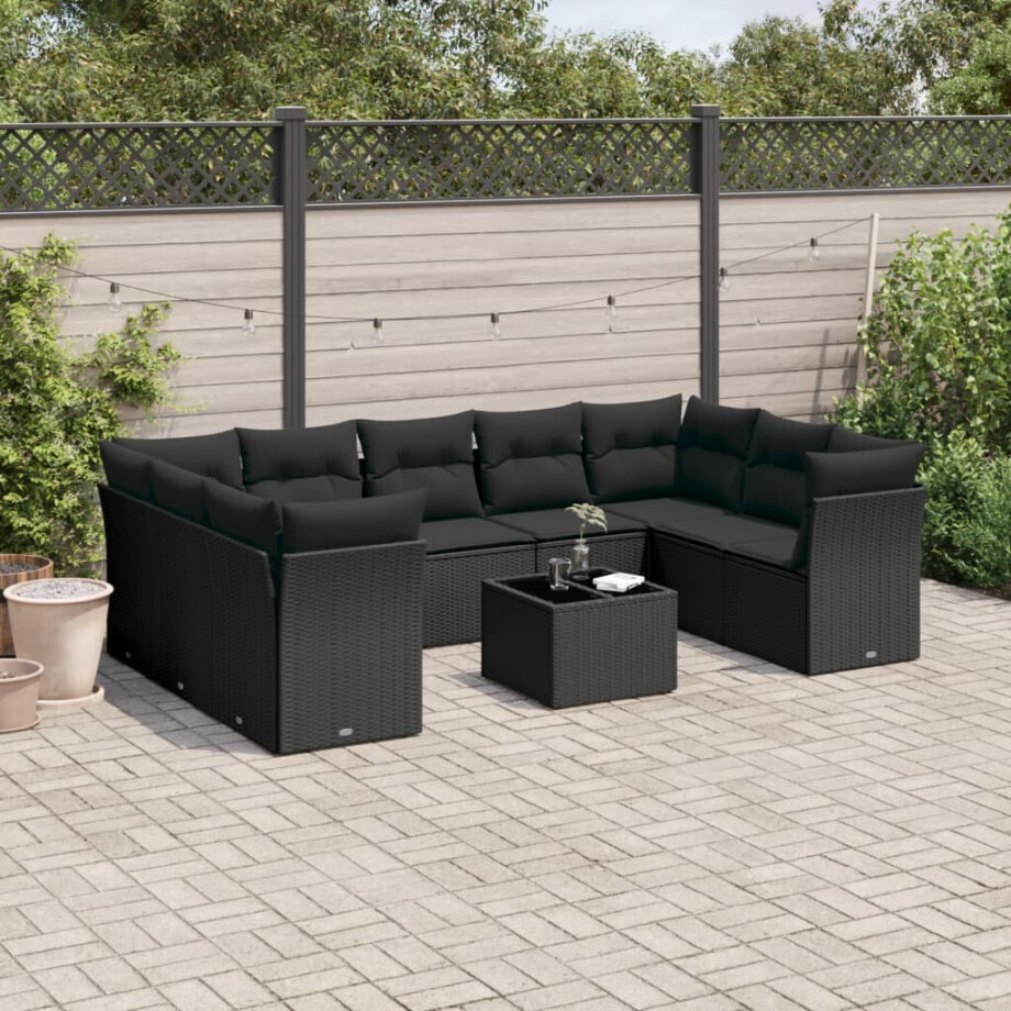 vidaXL 10-delige Loungeset met kussens poly rattan zwart afbeelding 1