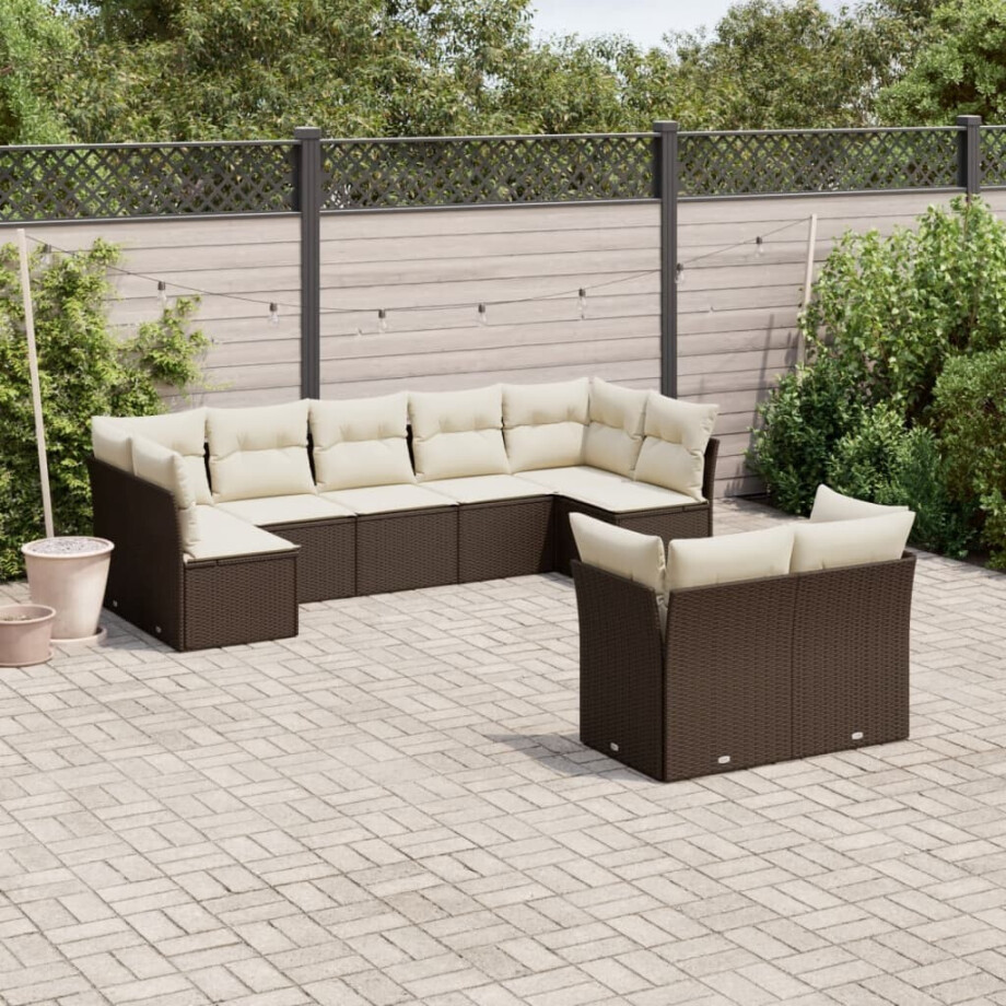 vidaXL 9-delige Loungeset met kussens poly rattan bruin vidaXL 9-delige Loungeset met kussens poly rattan bruin afbeelding 1