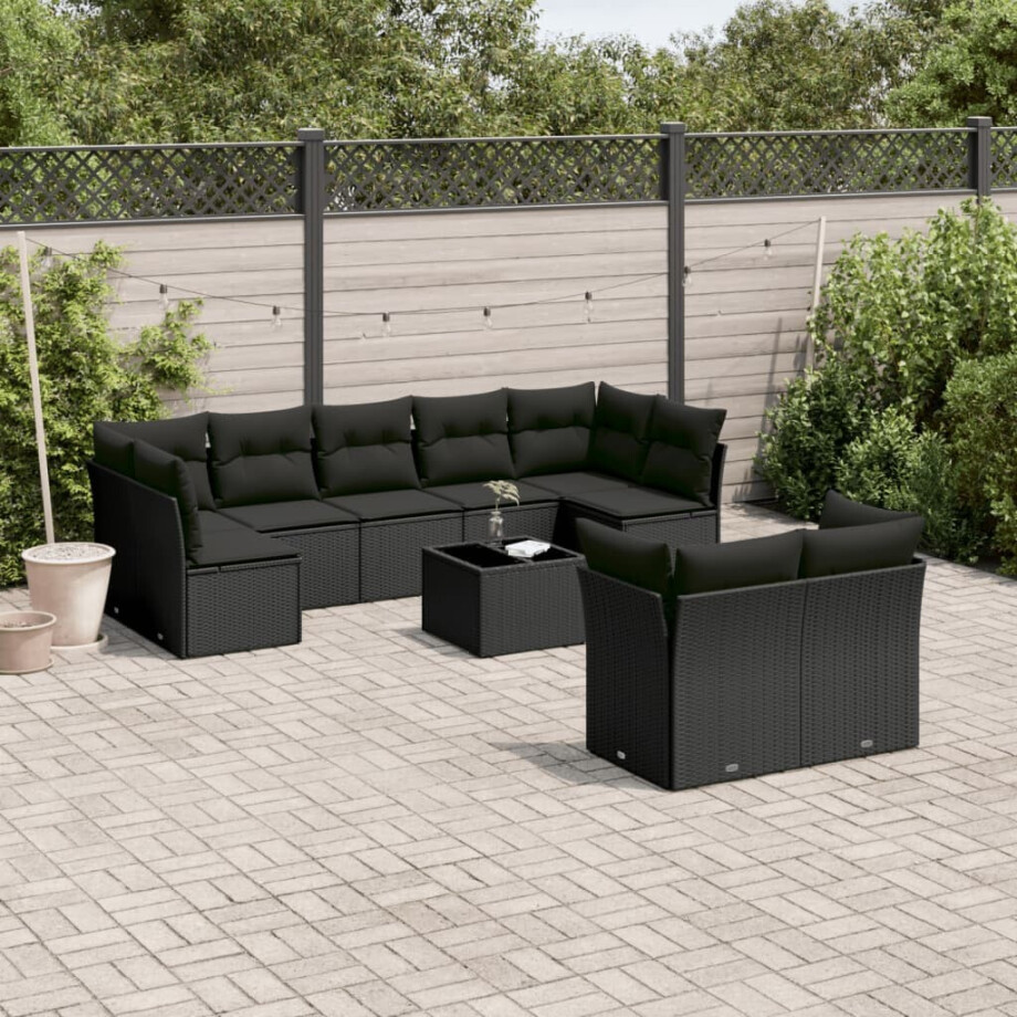 vidaXL 10-delige Loungeset met kussens poly rattan zwart afbeelding 1